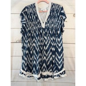Navybleu Womens Navy White Ikat Chevron Crochet Trim Tunic Top Size L Viscose